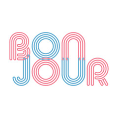 Retro multi-line typography of the French greeting Bonjour in pastel pink and blue. Vintage interlocking lettering design perfect for Parisian chic posters, Y2K apparel, and greeting cards © gorgang