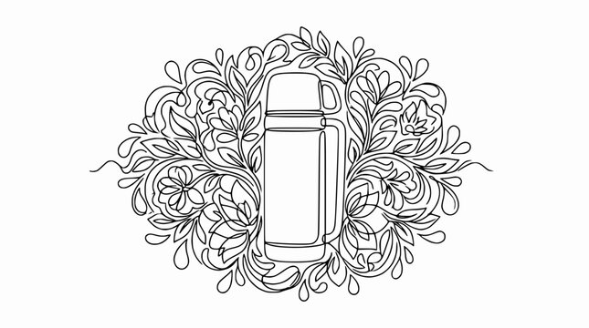 Thermos Bottle with Floral Swirls Outline - Minimalist Line Art