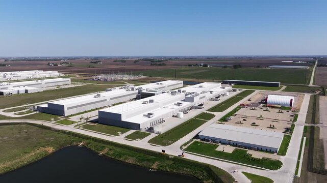 Orbiting drone shot above a large hyperscale data center campus with retention pond in foreground and agricultural land beyond