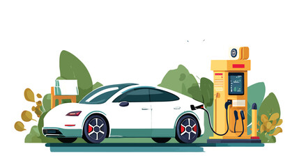 Fototapeta premium Electric car charges at a public station for sustainable transport.