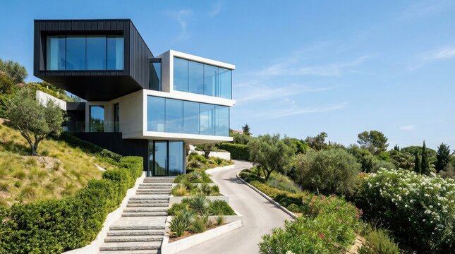 Modern Architectural Marvel - Luxurious Villa Perched on a Lush Hillside with Stunning Views.