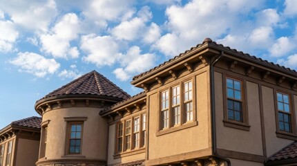 Fototapeta premium Elegant architectural design of a beautiful building under a bright blue sky with fluffy clouds.