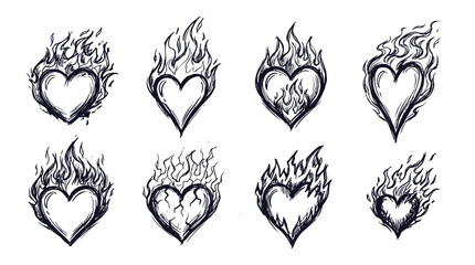 Fototapeta premium Flaming Heart Tattoo Collection Featuring Vintage Black and White Line Art Illustrations