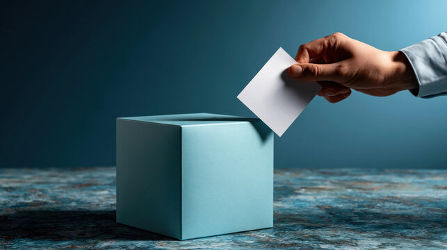 Ballot box vote voting election democracy polling hand card choice decision blue box political civic citizen participation ballot paper polling place referendum governance government candidate