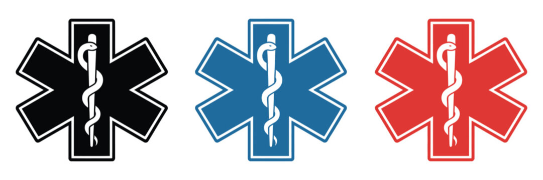 Emergency medical star of life icons set, Asclepius rod symbols for EMS, ambulance response, healthcare rescue and vector illustration design.