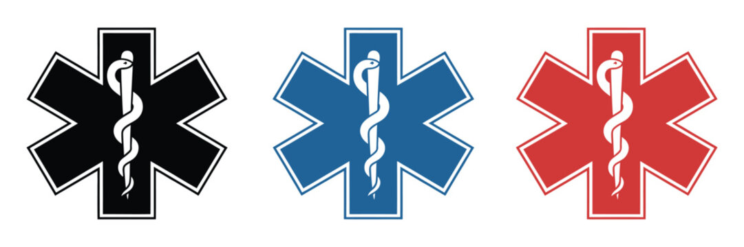 Emergency medical star of life icons set, Asclepius rod symbols for EMS, ambulance response, healthcare rescue and vector illustration design.