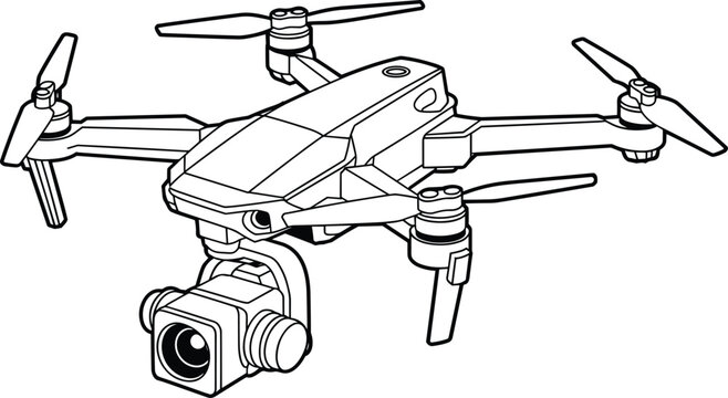 Black and white line art vector illustration of a modern quadcopter drone with camera for coloring book or icon design