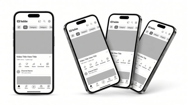 New 2026 YouTube application interface mockup on multiple iPhone smartphone screens featuring video player, navigation icons, search, and channel profile. Social media mobile app UI design template.