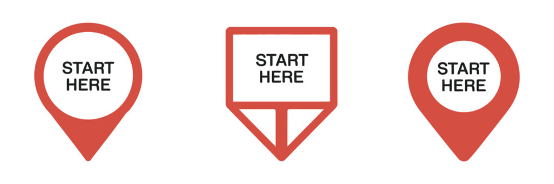 Start here map icon collection, GPS location pin navigation symbols for travel guidance, mapping interface and vector illustration design.