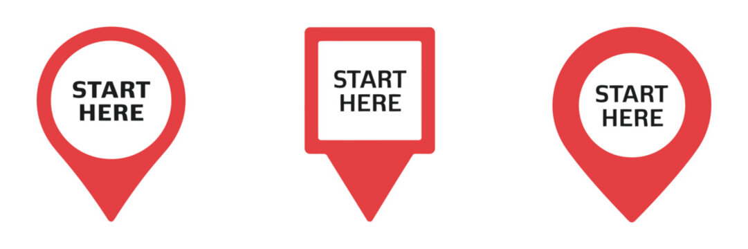 Start here map icon collection, GPS location pin navigation symbols for travel guidance, mapping interface and vector illustration design.