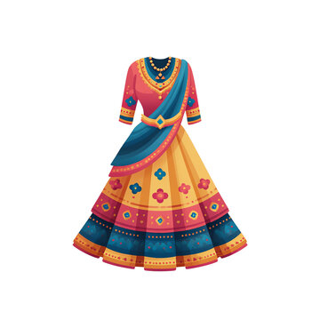 Traditional Indian Lehengas choli dress with vibrant colors and ornate embroidery for ethnic fashion and celebration concepts