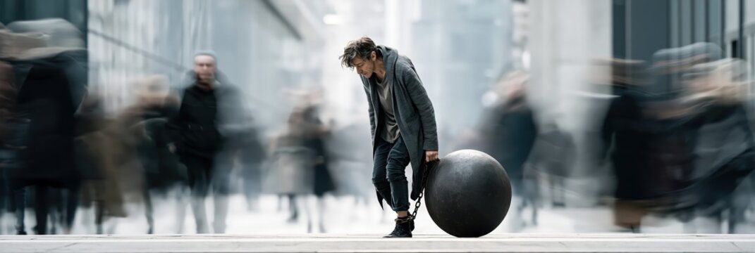 Person dragging iron ball and chain through busy urban street surrounded by indifferent crowd, depression and mental health awareness concept, copy space