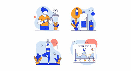 Fototapeta premium Icon set for healthy life yoga water sleep habit daily wellness track sport skin care body mind wellness health