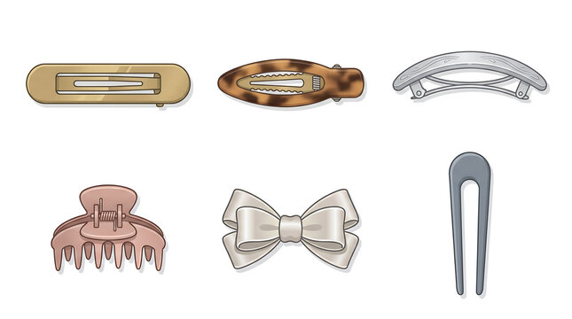  Flat vector illustration of six decorative hair clip and barrette designs arranged in two rows of three on a clean white background