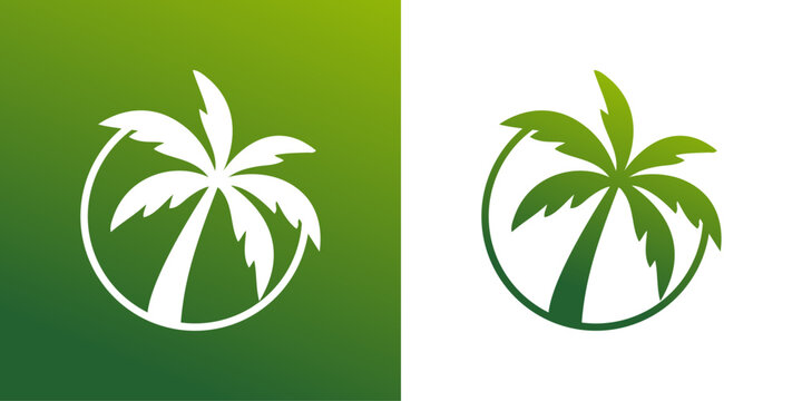 Logo agencia de viajes. Vacaciones de verano. Dibujo de la silueta de una palmera asomando de un c&iacute;rculo lineal 