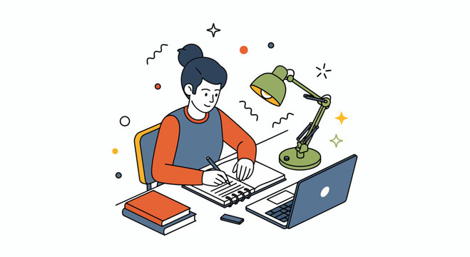 Young student girl studying at desk with laptop lamp books for school work and home education