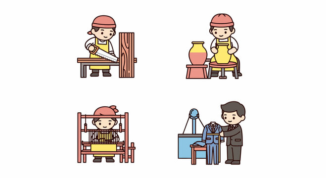 Traditional Artisan Craft Skills Carpenter Potter Weaver Tailor Icon Set