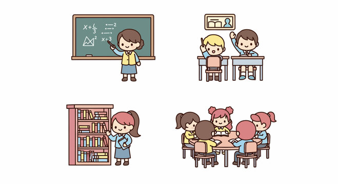 Kawaii school education set featuring cute teacher student learning studying library classroom activities group study illustration