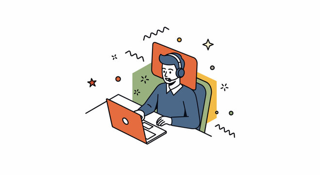A man in a headset at a desk on a laptop for work and web call meeting