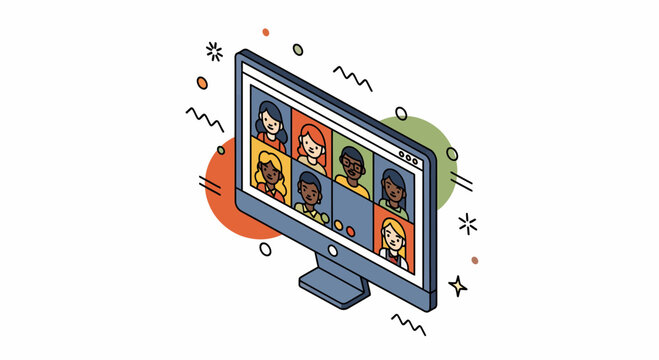 Isometric flat vector screen with many women having digital web meeting and remote conference call via internet