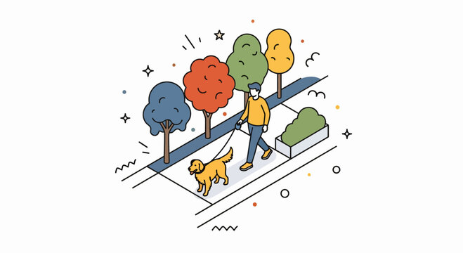 Man walk dog on path with trees in park for pet care and daily routine