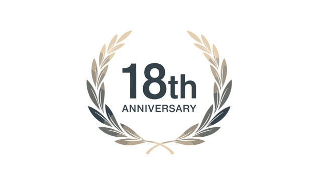 Sophisticated 18th Anniversary logo with grey text and a light brown laurel wreath on an isolated white background.