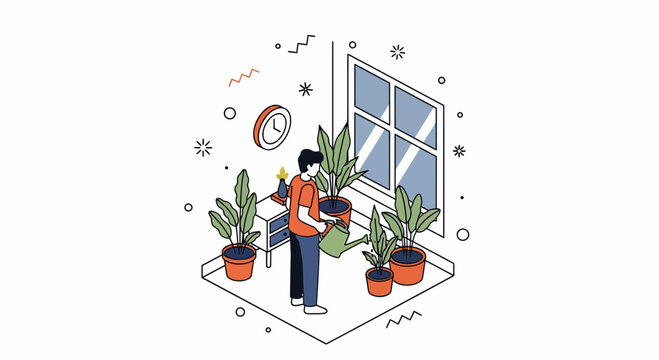 Young Man Watering Green Indoor Potted Plants Near Window At Home For Hobby Nature Life Care Daily Routine Activity