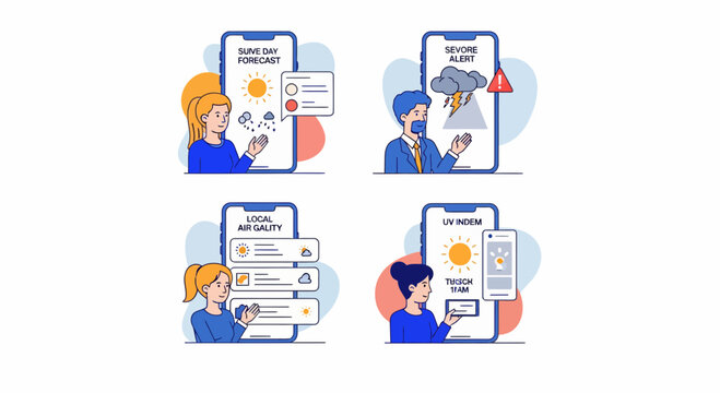 Weather forecast app alert local air quality and uv index report icons
