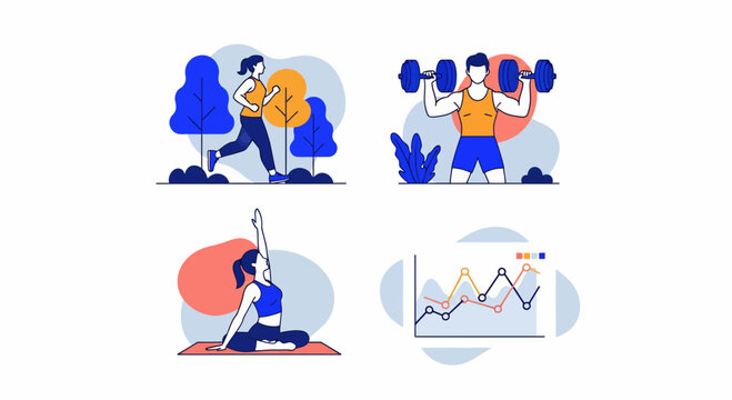 Fit man woman jog lift weight do yoga and track data to be health fit