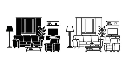 Fototapeta premium Living room furniture arrangement black and white line drawing