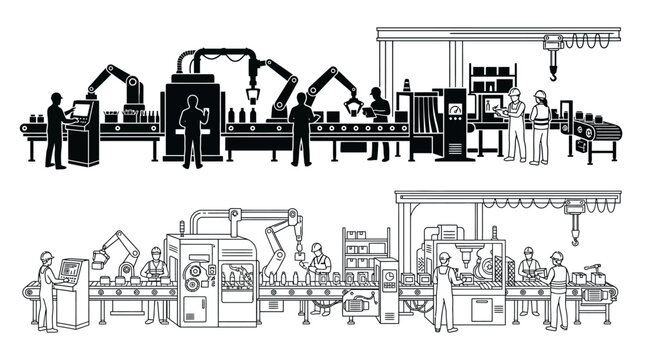Factory interior scene black line drawing on white background