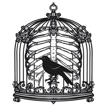 A dark bird is trapped inside a skeletal cage