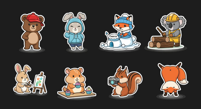 Colorful cartoon animals in various professions and outfits.