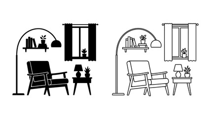 Fototapeta premium Furniture silhouettes against a white background linear interior design elements