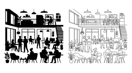 Obraz premium Office Interior Illustration Black And White Line Art With People