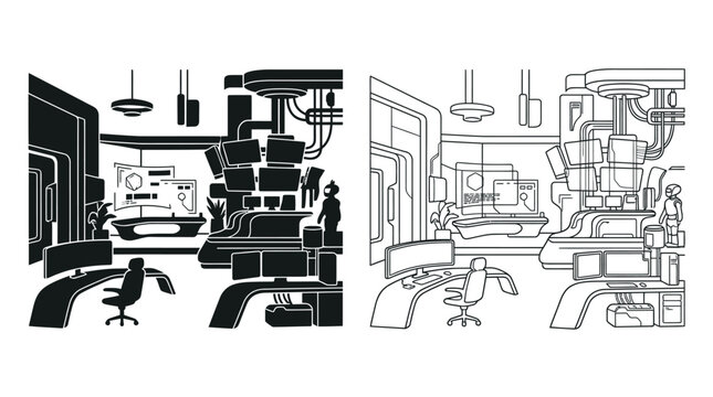 Interior Factory Scene Silhouette With Machinery And Personnel