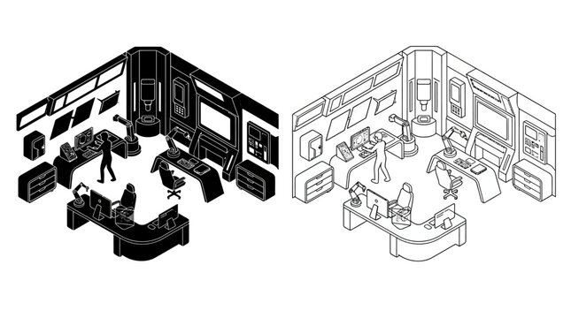 Isometric Factory Interior Illustration Black And White Line Art