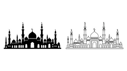Mosque Silhouette Skyline On White Background Linear Architectural Illustration © Vector Hub24