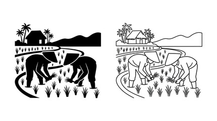 Farmers Plowing Field With Oxen Black And White Line Illustration © Vector Hub24