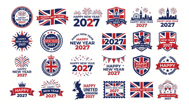 Set of decorative happy new year 2027 stamps and badges with uk cultural symbols and flag motifs union jack insignia celebration fireworks greeting patriotic collection decoration