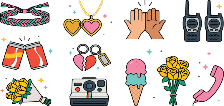 friendship day vector element icon set with best friend locket camera hands phone flower