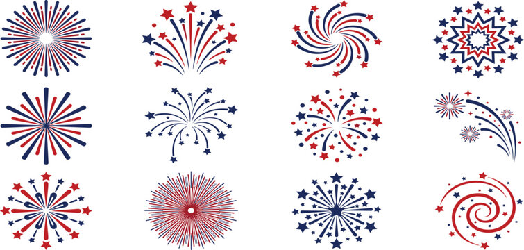 patriotic fireworks vector element icon set with red blue stars for independence day celebration