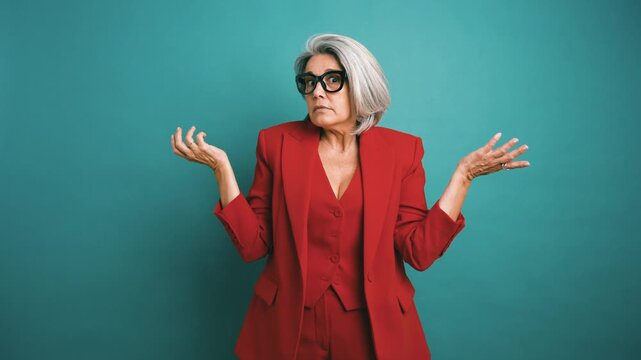 Mature elegant businesswoman in a red suit shrugging shoulders and expressing confusion. Puzzled older woman gesturing with open hands