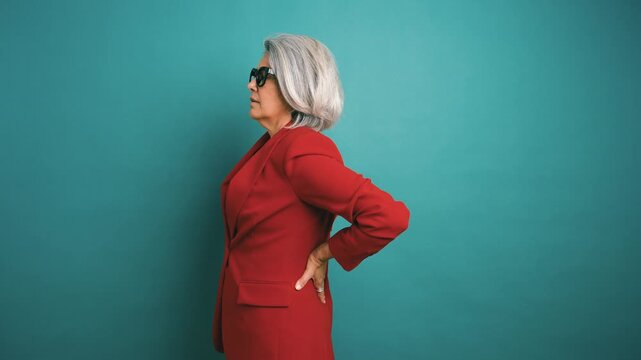 Middle aged woman in a red suit suffering from acute backache. Her posture changes as she experiences muscle strain and discomfort