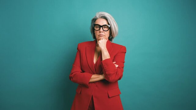 Confident mature woman with grey hair in a red suit making a scolding gesture. Stylish older lady with a stern expression