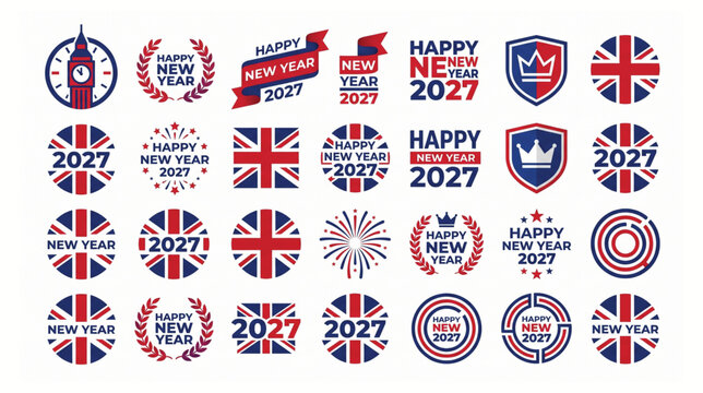 Variety of happy new year 2027 emblems featuring british landmarks and flag elements in vector illustration union jack big ben landmark celebration greeting patriotic collection