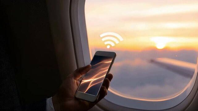 On an aircraft, a mobile phone is linked to Wi-Fi.