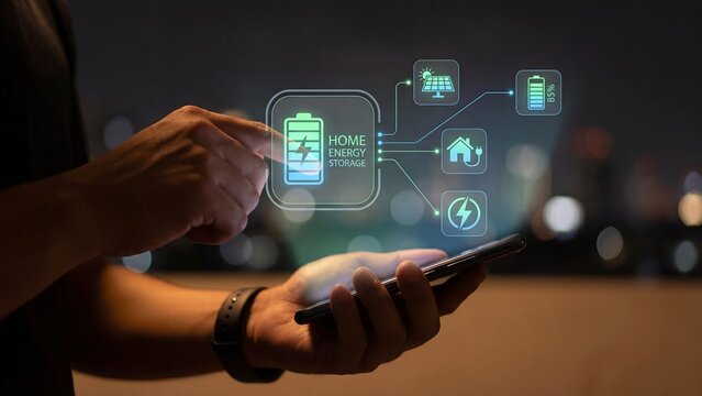 Hand touching smartphone with glowing holographic home energy storage battery interface solar panel power plug and lightning icons showing renewable electricity smart home and clean technology
