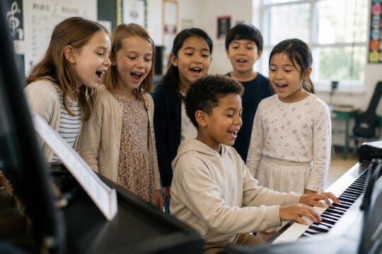 Multicultural group of children singing joyfully around a piano in a bright classroom, with musical notes and educational posters visible on the walls