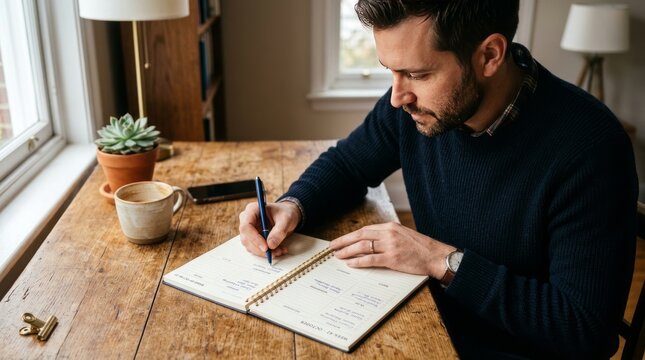 Focused man writing in planner at desk with coffee and plant